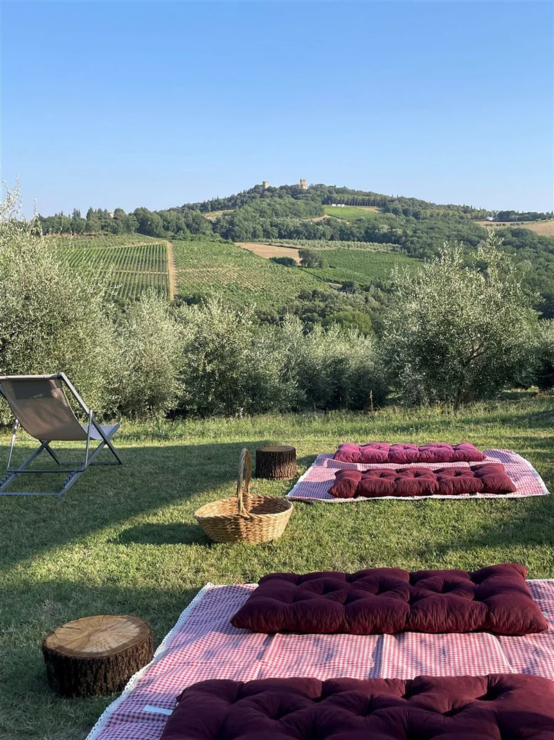 Sdraio con vista sulle colline e la torre